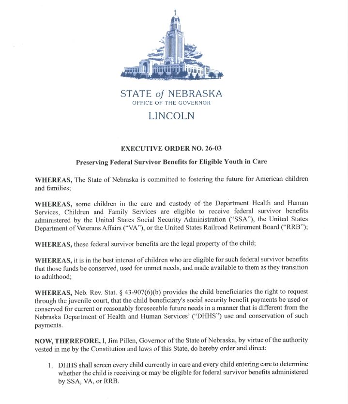 Executive Order (EO) to preserve federal earned benefits for eligible youth in the care of the Department of Health and Human Services (DHHS) page 1.