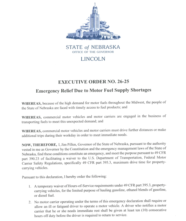 Executive Order 26-25 Page 1: Emergency Relief Due to Motor Fuel Supply Shortages