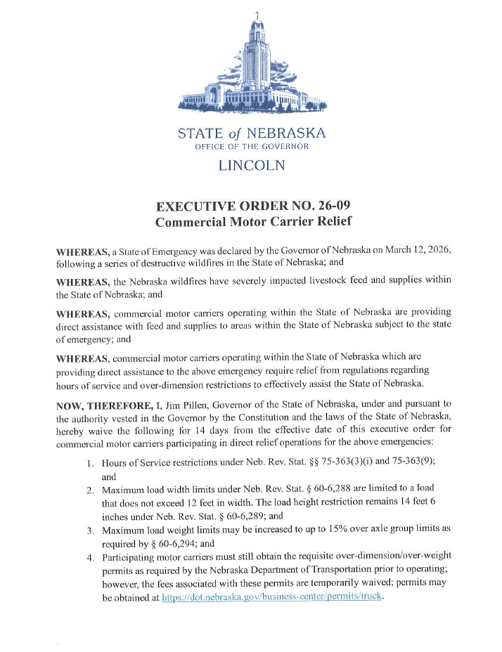 Executive Order 26-09 Commercial Motor Carrier Relief