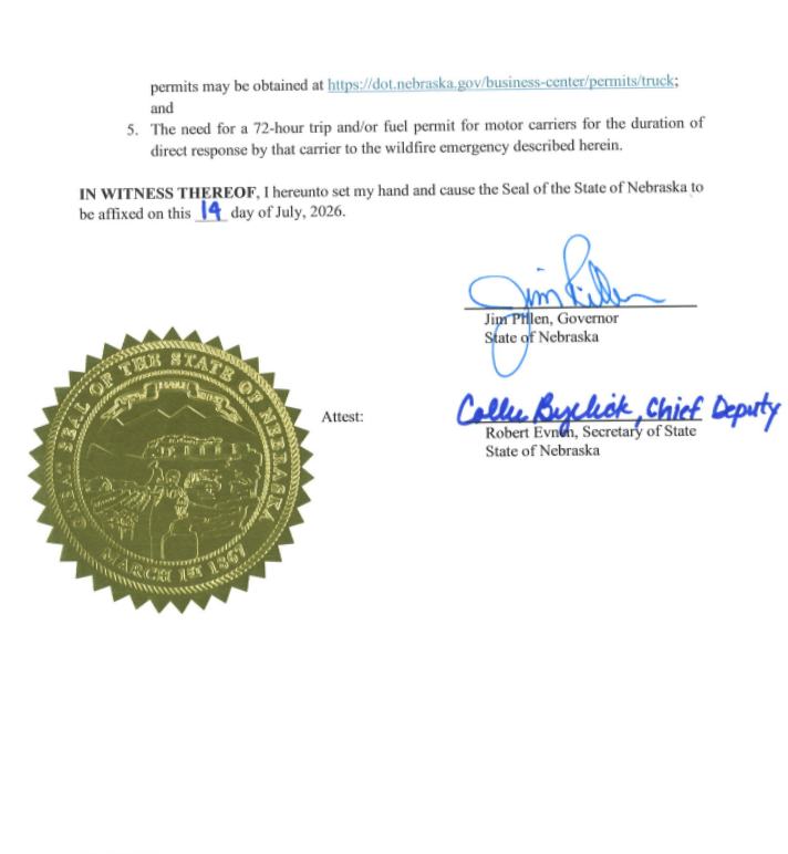 Image of the text for Executive Order 26-16 Commercial Motor Carrier Relief page two. Includes an image of the Great Seal of the State of Nebraska - March 1st. 1867 in a golden foil look.