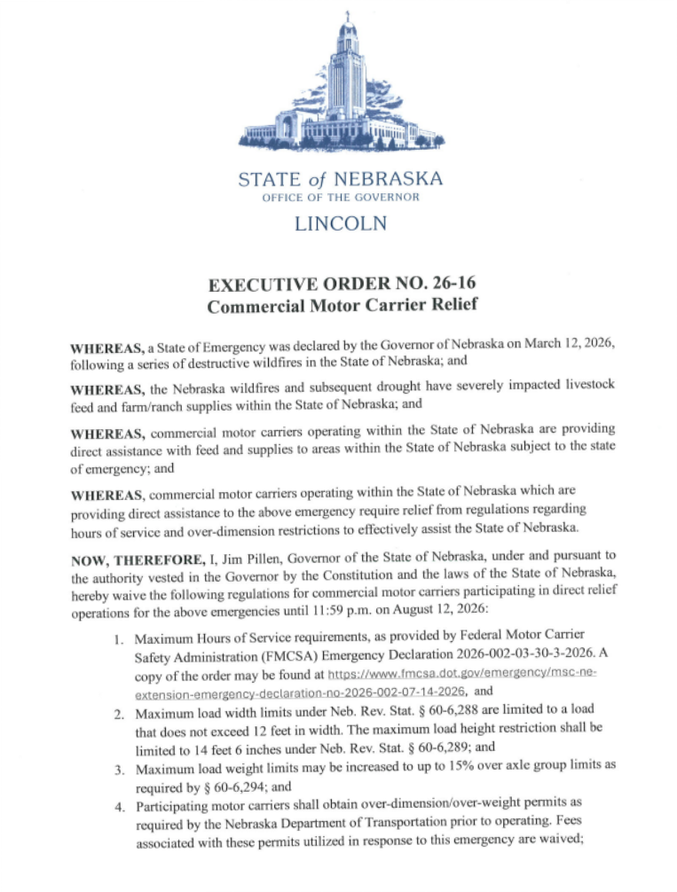 Image of the text for Executive Order 26-16 Commercial Motor Carrier Relief page one. Includes an image of a sketch of the State Capitol Building in blue ink.