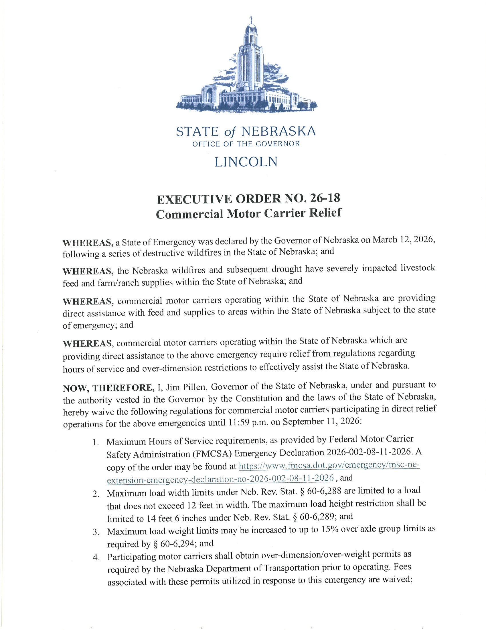 Executive Order 26-18 Commercial Motor Carrier Relief Page 1
