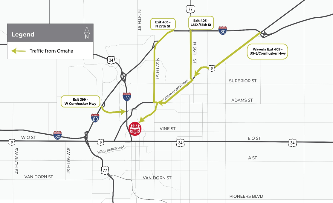 Legend: Traffic from Omaha: follow bulleted points in the article for directions.
