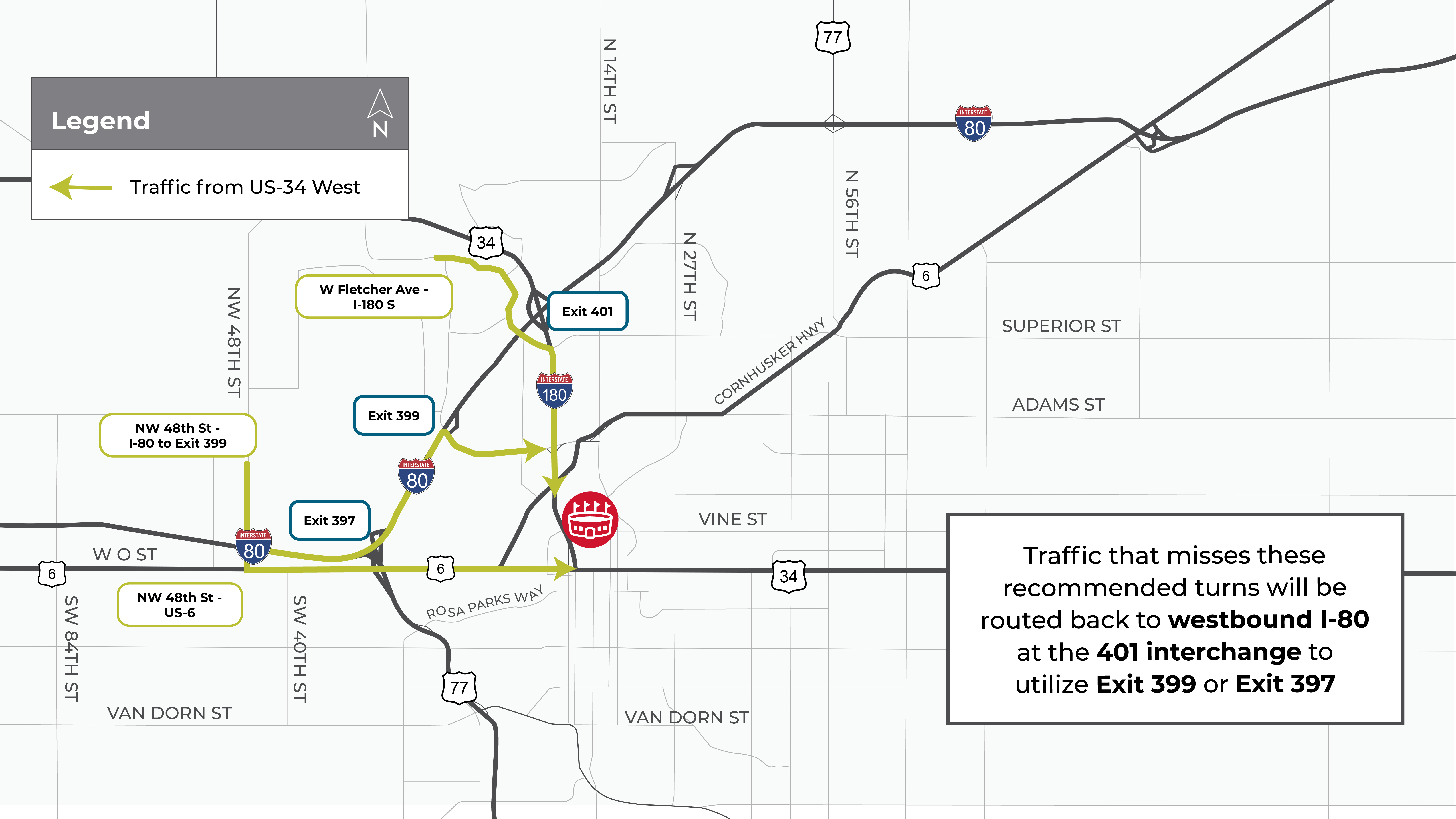 Legend: Traffic from US-34 West: follow bulleted points in the article for directions. Traffic that misses these recommended turns will be routed back to westbound I-80 at the 401 interchange to utilize Exit 399 or 397